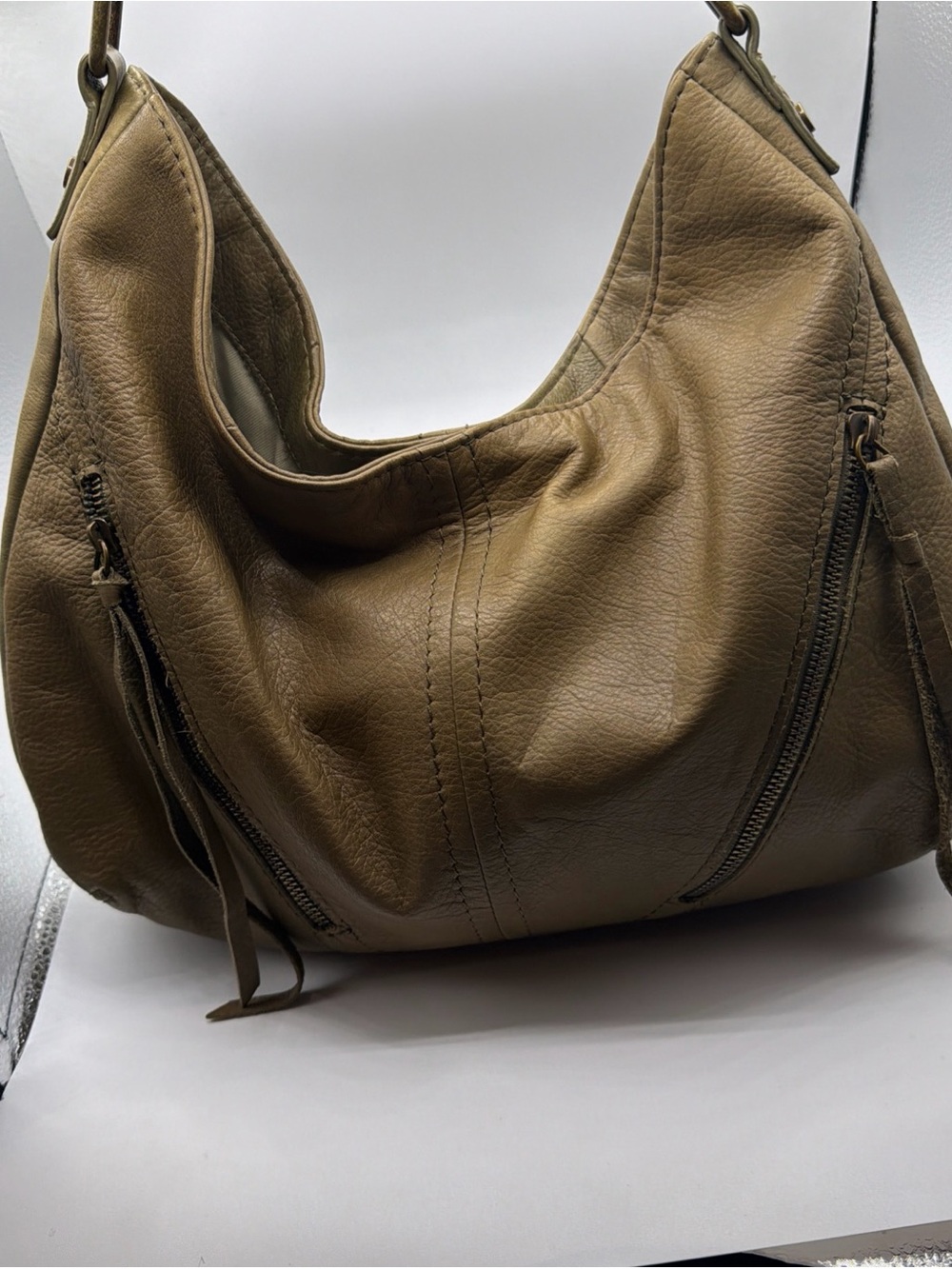 American Leather Co. Green Leather Riley Hobo Shoulder Bag Purse Front Zippers